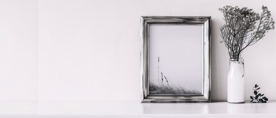 A silver photo frame with a black and white photograph, on a white table