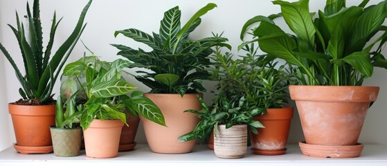 A group of green indoor plants in terracotta pots, arranged on a white shelf