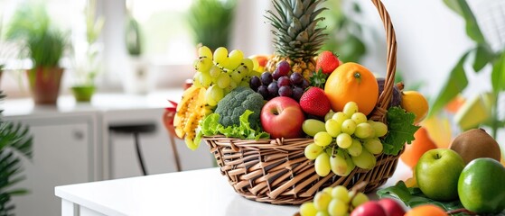 Naklejka na ściany i meble A basket of fresh fruit, with colorful produce, on a white dining table