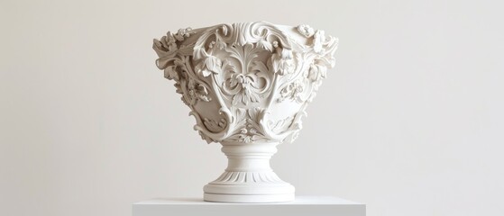 A white porcelain vase with intricate detailing, on a white pedestal 