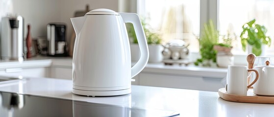 Fototapeta na wymiar A white electric kettle, on a white kitchen counter, with a minimalist design