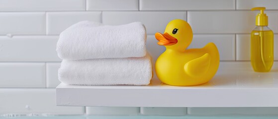 A yellow rubber duck, a classic bath toy, on a white bathroom shelf