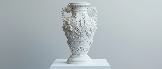 A white porcelain vase with intricate detailing, on a white pedestal