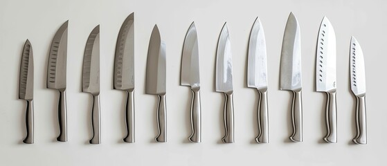 A set of stainless steel kitchen knives, arranged neatly on a white surface