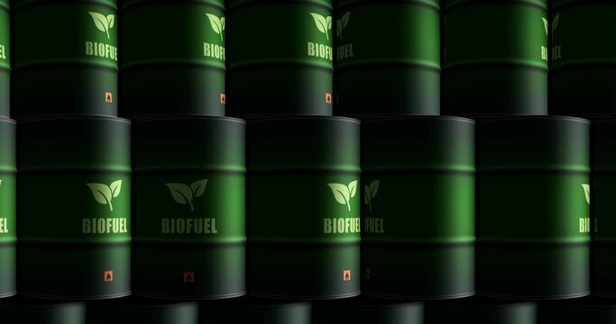 Biofuel green and clean eco renewable fuel barrels in row seamless and loopable concept. Sustainable energy and biodiesel oil industrial containers.