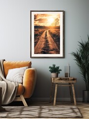 Golden Hour Country Roads: Vintage Print of a Stunning Sunset Landscape