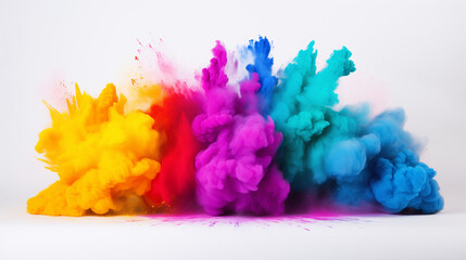 Multicolor powder explosion on White background. Colored cloud. Colorful dust explode. Paint Holi, colorful rainbow holi paint color powder explosion isolated white background, Generative AI