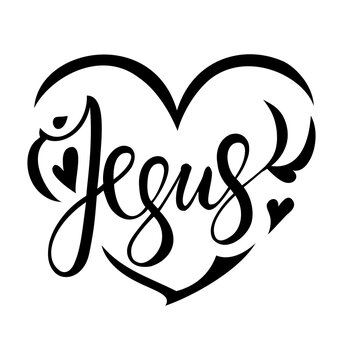 Heart frame with Jesus lettering calligraphy design.Love symbol.God name.Silhouette line art drawing.Christian text cricut cut.Bible.T shirt print.Plotter laser cutting.Vinyl wall sticker decal.j