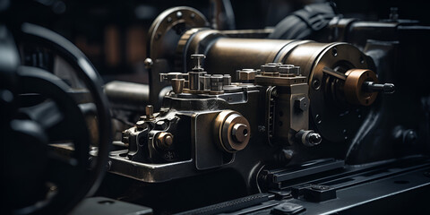 Fototapeta na wymiar Lathe machine in ironworks old factory with tools and dark background Closeup of old metallic lathe working against factory industrial interior background.