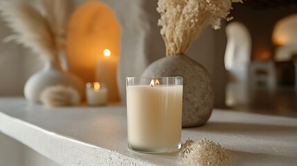 Fototapeta na wymiar Luxury scented candle glass on a white textured shelf. Generative AI.