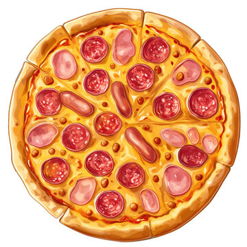 ham and sliced sausage pizza . Clipart PNG image . Transparent background . Cartoon vector style . Generative AI 