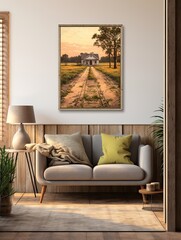 Golden Hour Country Roads: A Vintage Farmhouse Landscape Painting - Wall Art