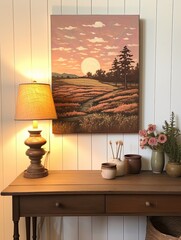 Golden Hour Country Roads: Vintage Farmhouse Landscape Wall Art - Captivating Painting of Tranquil Countryside