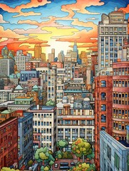 Fototapeta premium Crafted City Center Canvas: Hand-Drawn Skylines and Field Painting