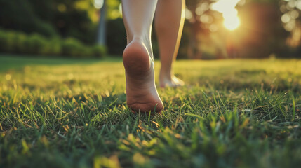 close up of the bare feet of a person walking on the grass, therapy and reduce stress in living and investing and doing business - obrazy, fototapety, plakaty