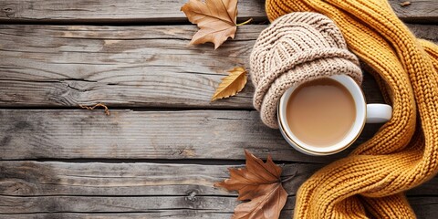 Knitted handmade wool scarf and hat. Autumn or winter womans clothes. Needlework clothes. Hot coffee cup on wooden background - obrazy, fototapety, plakaty