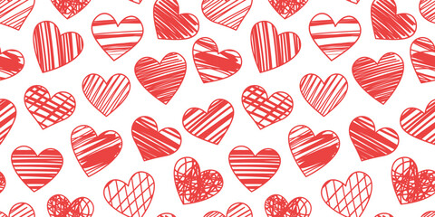Red textured heart pattern, vector background for valentine day celebration, white wallpaper with hand drawn hearts, repeating