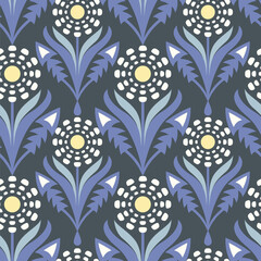 Vector seamless pattern with stylized dandelions on a dark blue background - 713873819