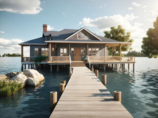 A dock leading to a house on the water design. 3D Rendering