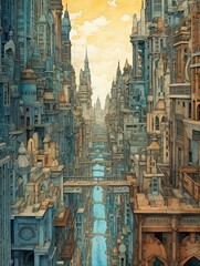 Fototapeta premium Hand-Drawn City Skylines: Vintage Painting of a Bustling Boulevard Blueprint