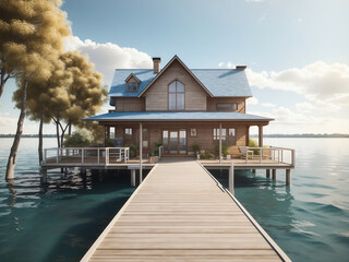 A dock leading to a house on the water design. 3D Rendering