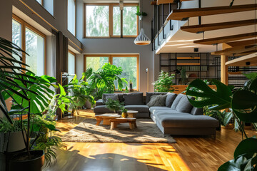 a large modern living room with many plants