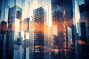 Background of future urban and corporate architecture. Real estate idea with bokeh, motion blur, and a reflection in a glass panel of a skyscraper facade. Generative AI 