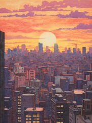 Hand-Drawn City Skylines: Vintage Painting of Metropolis Mornings - Print