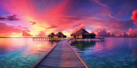 Evening landscape on  tropical island in blue pink tones, A tropical beach with a sunset and a wooden walkway.