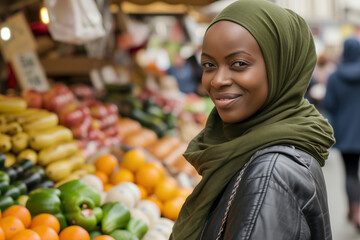 Portrait of young african muslim woman shopping at local market
