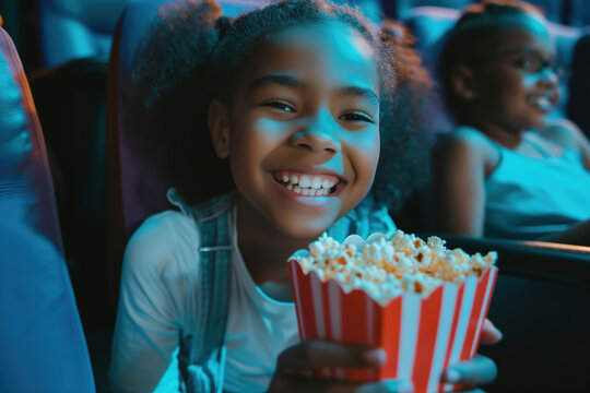 Smiling african american girl looking at camera while watching movie in cinema
