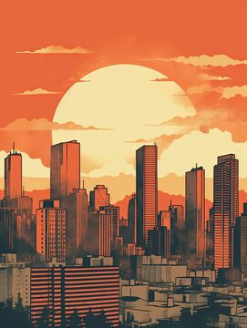 Vintage Sunrise Over Skyscrapers: Hand-Drawn City Skylines Wall Art Print