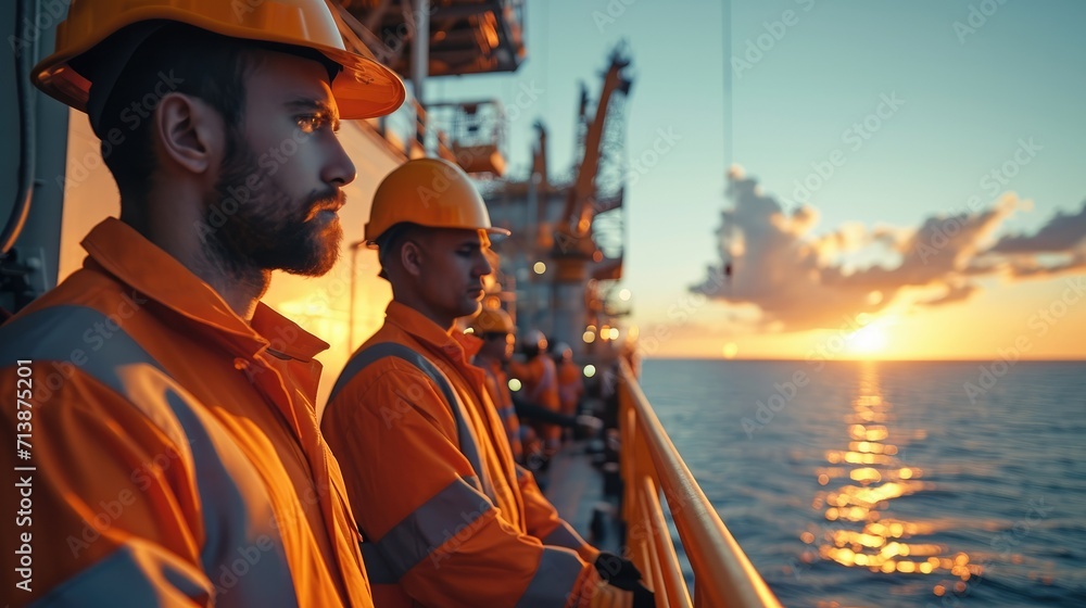 Poster group of petroleum engineer working on the exploration of petroleum in the sea. generative ai.