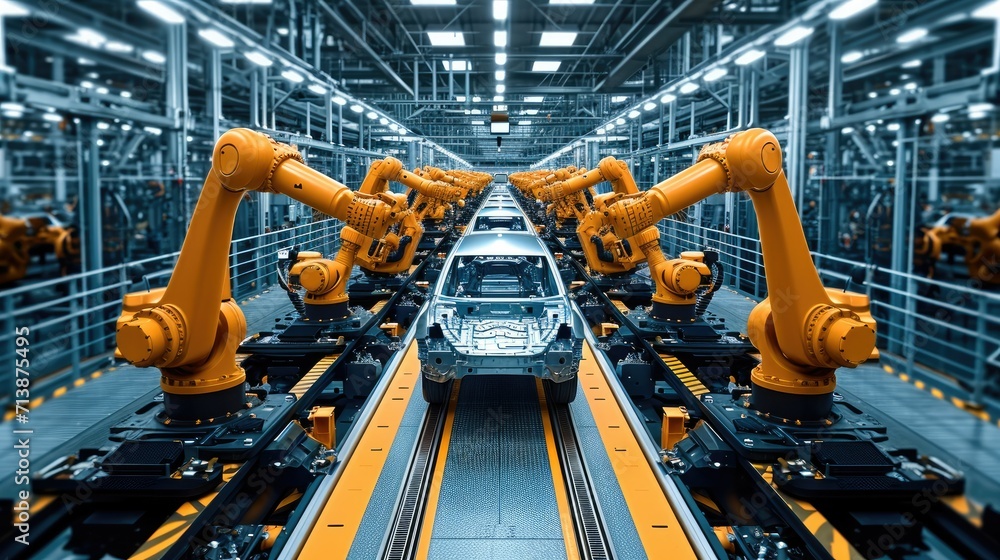Poster automated robot arm assembly line manufacturing high-tech electric vehicles, car factory digitalizat