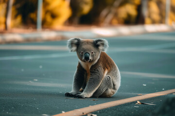 Koala sitting on the road and looking at the camera, Australia
