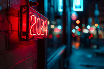 2024 red neon sign on the streets.
