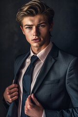 Obraz premium Portrait of a young and handsome caucasian male star in a suit