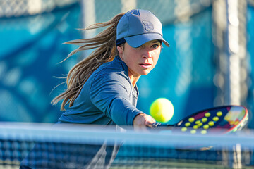 Young woman playing pickleball at the pickleball court - obrazy, fototapety, plakaty