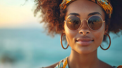 Portrait of female african american with fashion sunglasses and orange ethnic headband at beach on summer day