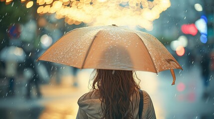 A beautiful girl walking in rainy weather under a bright umbrella. Generative AI.