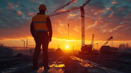 Fototapeta premium Silhouette engineer working at construction site, Reviewing plans to work on high ground heavy industry, Architecture engineering at workplace.. Generative AI.
