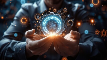 Businessman hand touching gears made with lights. Generative AI.