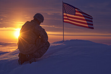 American soldiers pay their respects to fallen soldiers in front of the USA flag on Memorial Day or other events. - obrazy, fototapety, plakaty