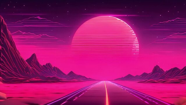neon road animation on the background of neon moon. 80's synthwave style, retrofusion. Generative AI