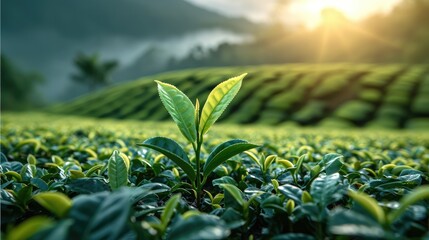 A sprout with green tea leaves rises higher than other tea bushes at the valley in the morning light. Generative AI.