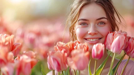 Foto op Aluminium  Joyful woman amid vibrant pink tulips, soft-focused background suggesting a vast tulip field, creating a cheerful, spring-like atmosphere. perfect for valentines or mothers day © Ogundare