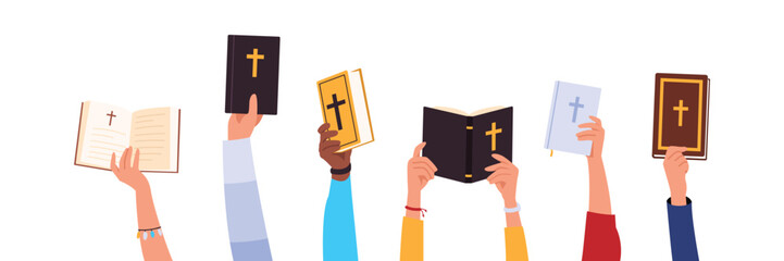 vector illustration. hands that hold Bibles (holy book)