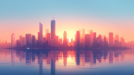 Fototapeta premium City Skyline Reflection in Water - Urban Landscape Illustration