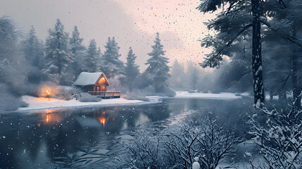 Snowy Cabin Retreat: Tranquil Winter Landscape with Gentle Snowfall