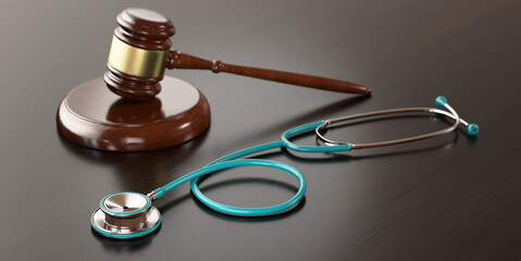 Legal and Medical Concept: judge's gavel hammer as a symbol of law and order and stethoscope